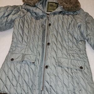 Eddie Bauer Goosedown Grey Quilted Jacket with Faux Fur Collar (Size Medium)
